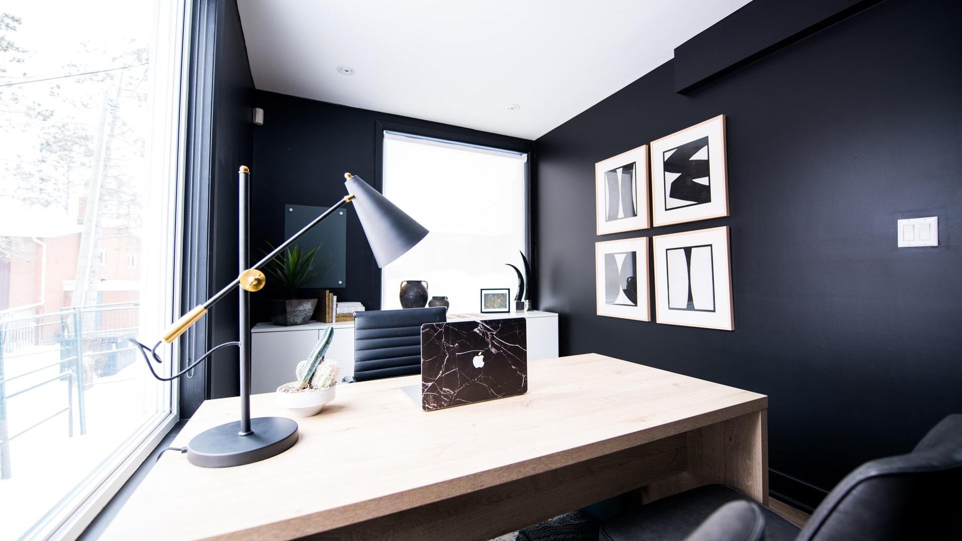 White & Black Modern Office Room for Zoom Background - FineShare