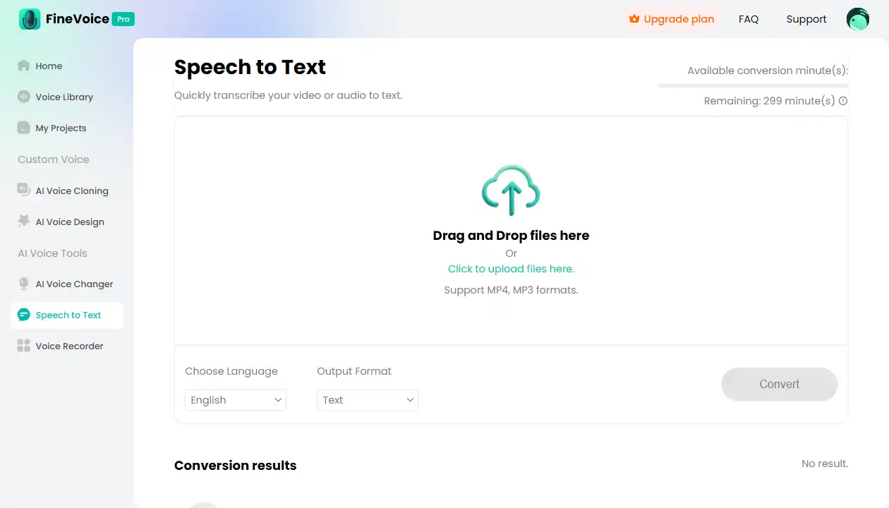 FineVoice Speech to Text interface