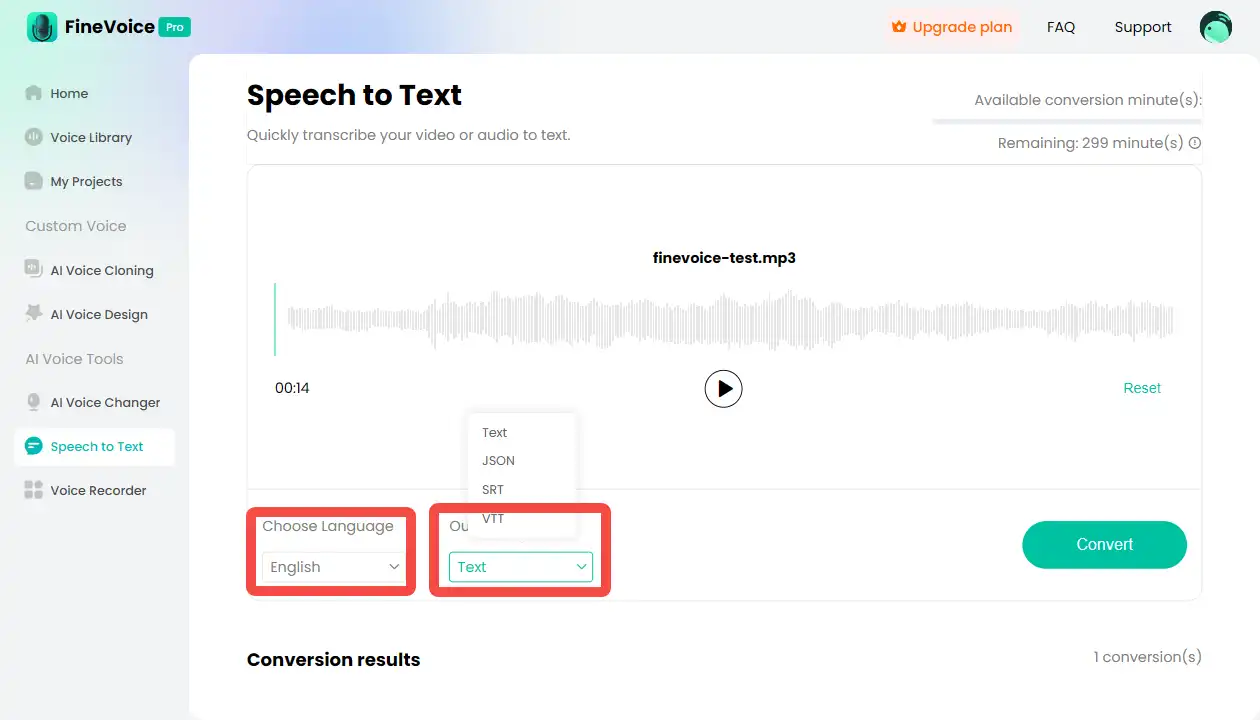 select the language and export format