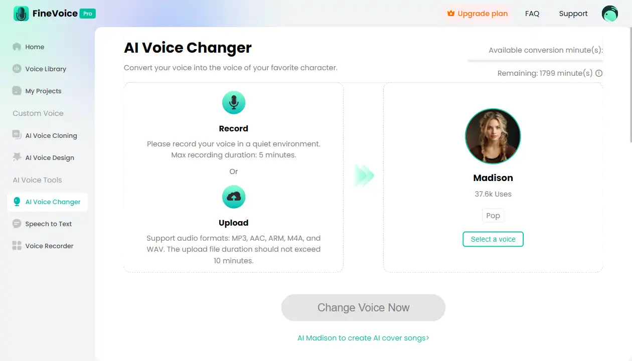 FineVoice AI Voice Changer interface