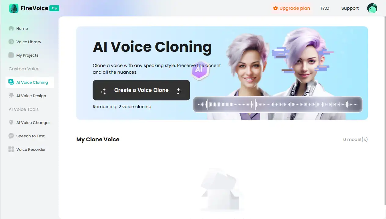 FineVoice AI Voice Cloning interface