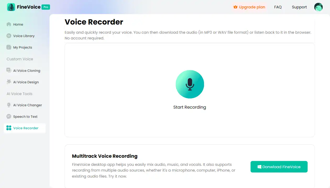 FineVoice Online Voice Recorder interface
