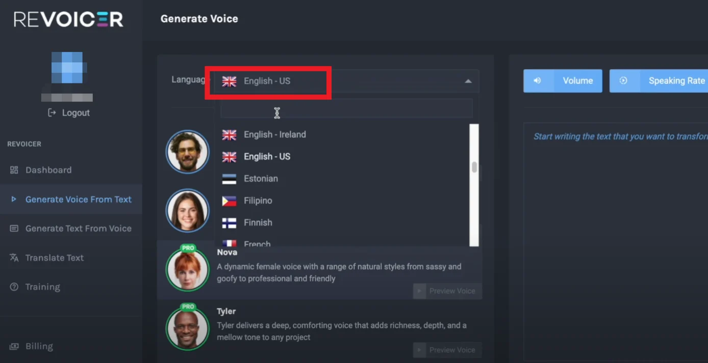 Select language and AI voice