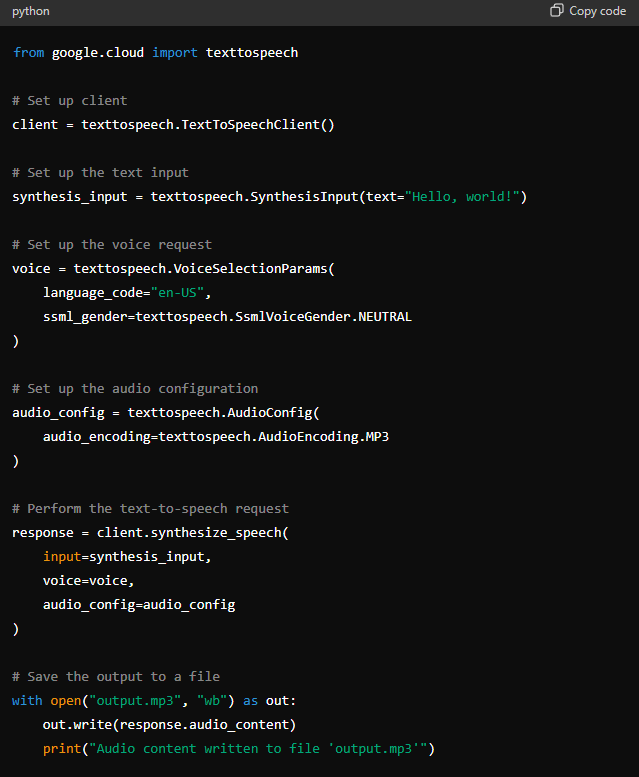 code example for text to speech request